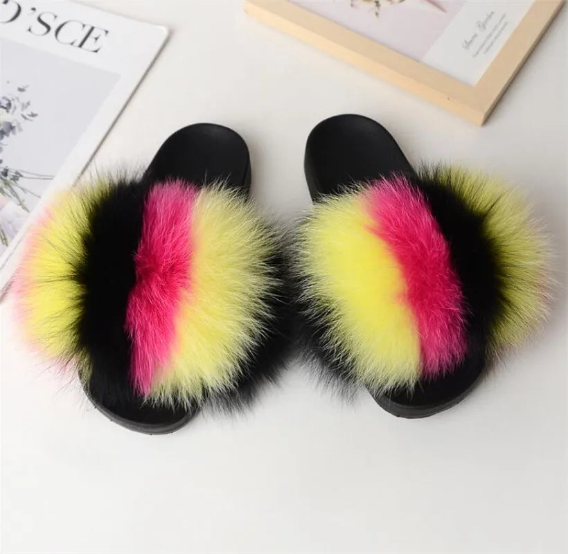Hot Sale Summer Women Fox Fur Slippers Furry Slippers Designer Fur Slides Girls Black Fur Slides Gorgeous Big Fur Slides Sandal