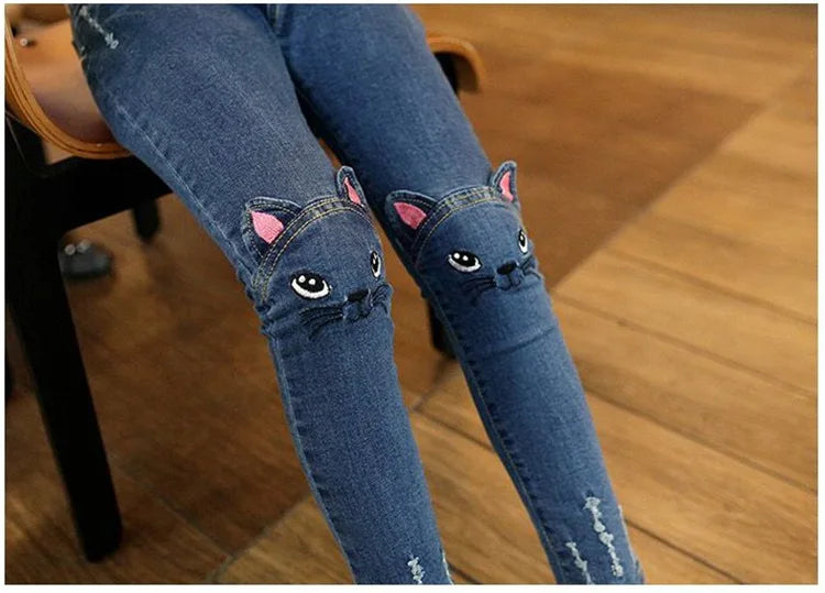Spring Fashion Kids Jeans Girls Holes Jeans Toddler Baby High Quality Letter Print Elastic Waist Jeans Teen Tight Pencil Pants