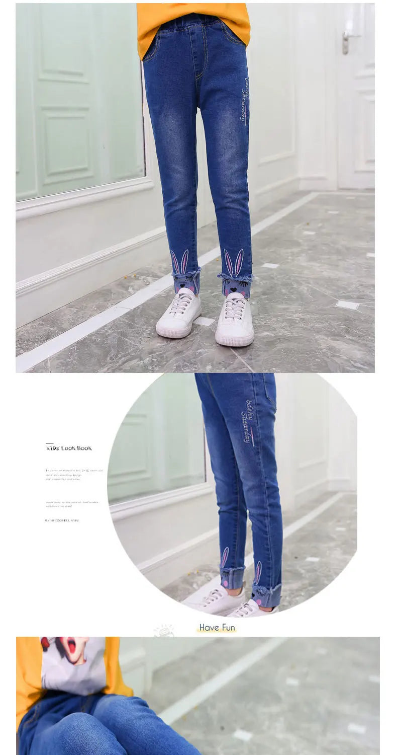 Spring Fashion Kids Jeans Girls Holes Jeans Toddler Baby High Quality Letter Print Elastic Waist Jeans Teen Tight Pencil Pants
