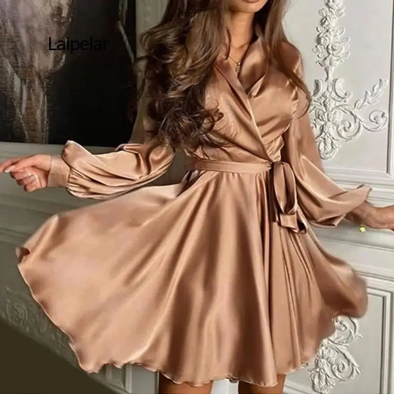 New Autumn Long Sleeve V-Neck Solid Color A-Line Swing Lantern Sleeve Soft Satin Short Dress