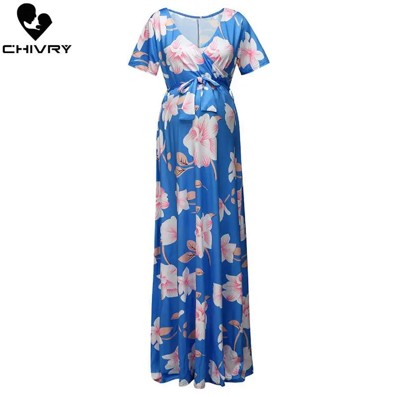 Chivry Maternity Dress Women Floral Print Short Sleeve V-neck Maxi Long Dress Pregnant Casual Clothes Summer Maternity Dress