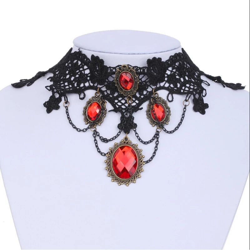 Fashion Cocktail Evening Party Dress Jewelry Victorian Gothic Halloween Red Rhinestone Charms Vampire Maxi Necklace Choker