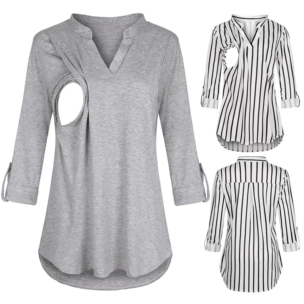New fashion maternity clothes Blouses Shirts Long Sleeve Striped Nursing Tops Blouse For Breastfeeding Clothes Women Maternity