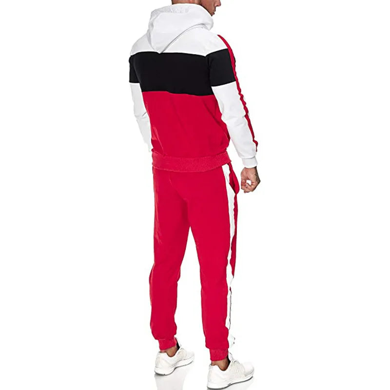 Autumn and Winter New Three-color Stitching Men's Fashion Sets Casual Sweater Plus Velvet Thick Suit Warm Hooded Jacket