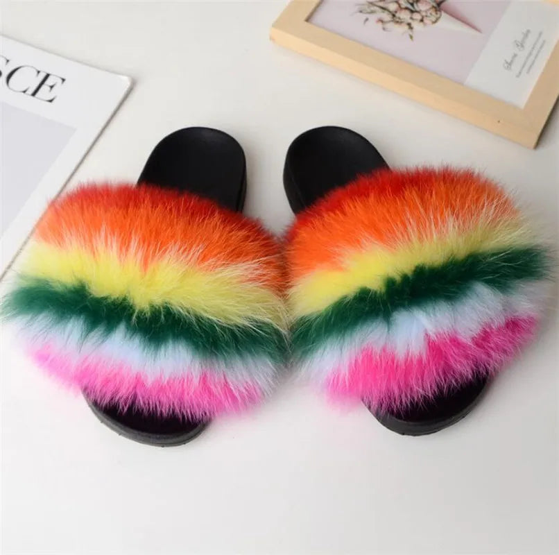Hot Sale Summer Women Fox Fur Slippers Furry Slippers Designer Fur Slides Girls Black Fur Slides Gorgeous Big Fur Slides Sandal