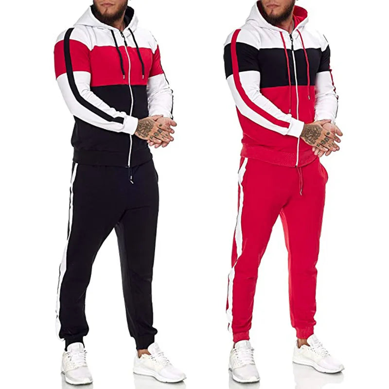 Autumn and Winter New Three-color Stitching Men's Fashion Sets Casual Sweater Plus Velvet Thick Suit Warm Hooded Jacket