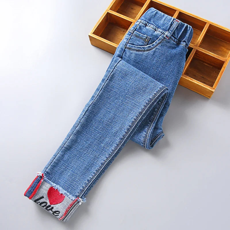 Spring Fashion Kids Jeans Girls Holes Jeans Toddler Baby High Quality Letter Print Elastic Waist Jeans Teen Tight Pencil Pants