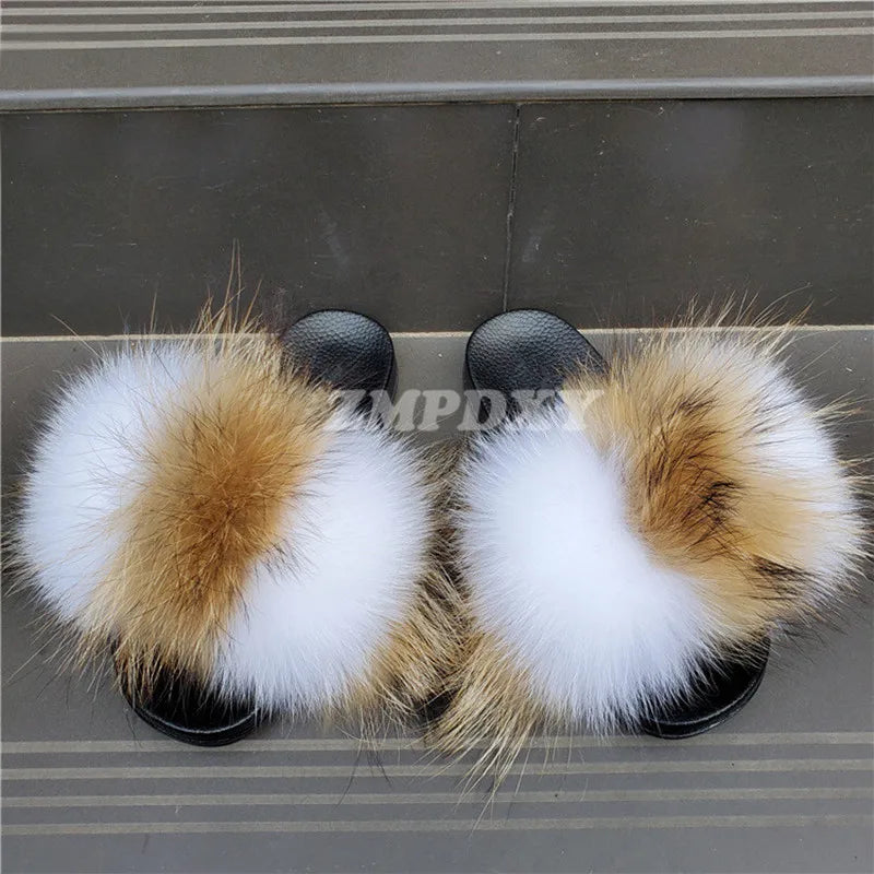 Rainbow Fur Slides Women's Furry Plush Raccoon Fox Fur Slippers Indoor Flat Non-Slip Summer Beach Flip Flops Large Size Sandals