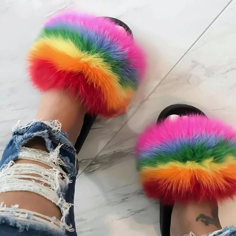 Hot Sale Summer Women Fox Fur Slippers Furry Slippers Designer Fur Slides Girls Black Fur Slides Gorgeous Big Fur Slides Sandal