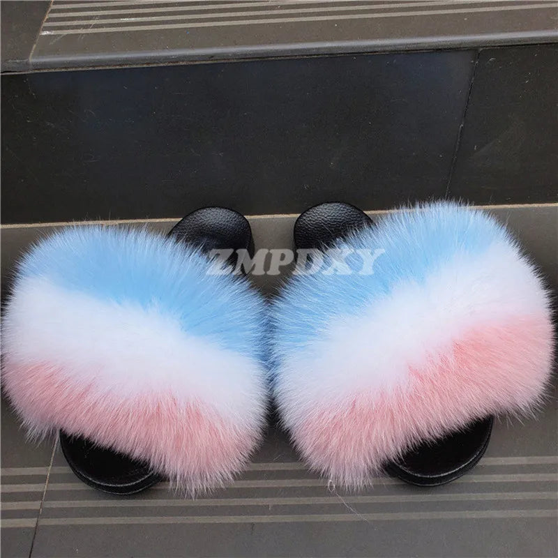Rainbow Fur Slides Women's Furry Plush Raccoon Fox Fur Slippers Indoor Flat Non-Slip Summer Beach Flip Flops Large Size Sandals