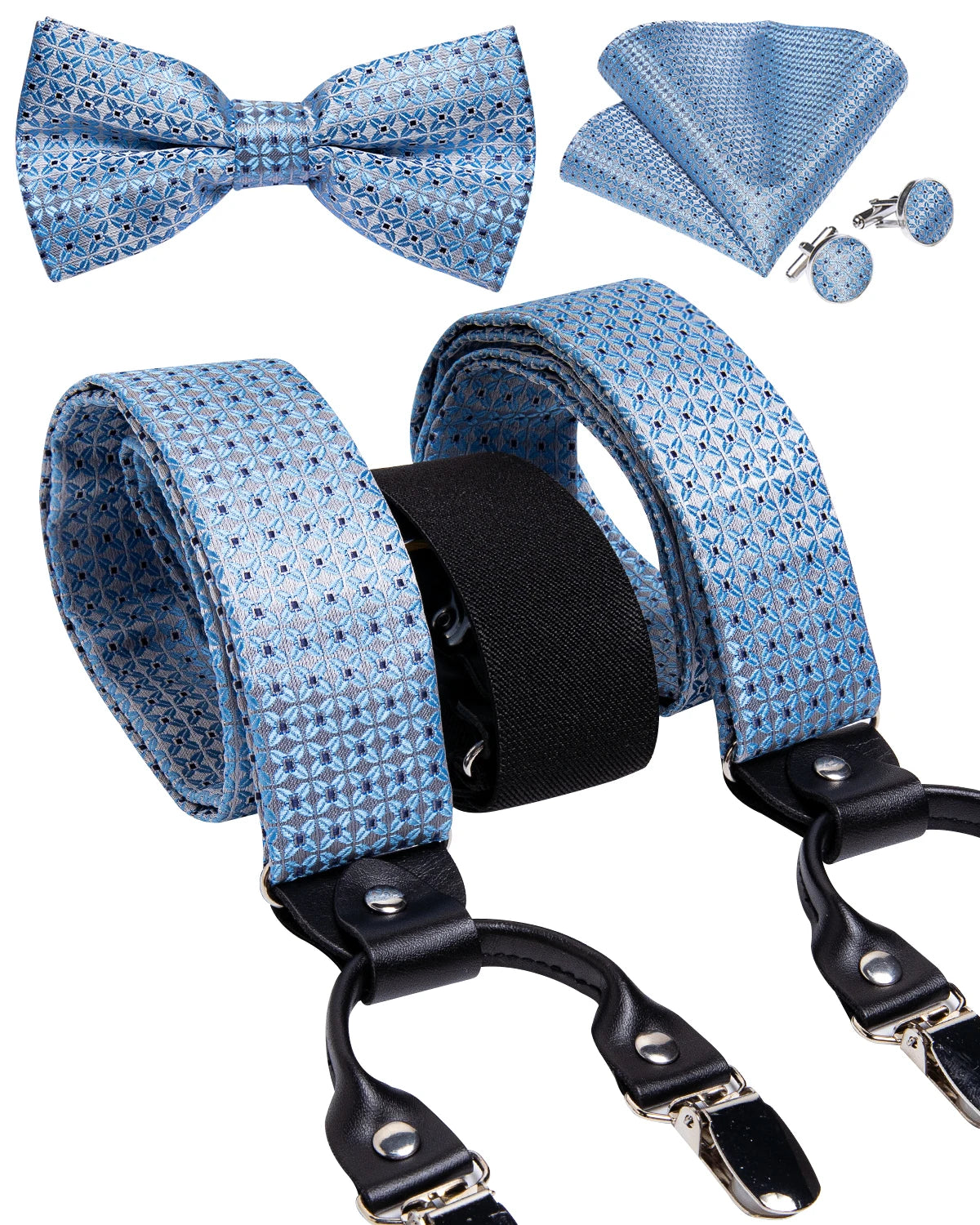 Mens Suspender 6 Clips Braces Y Shape Silk Suspenders Bow Tie Brooch Pocket Square Set Wedding Party Men Accessories DiBanGu