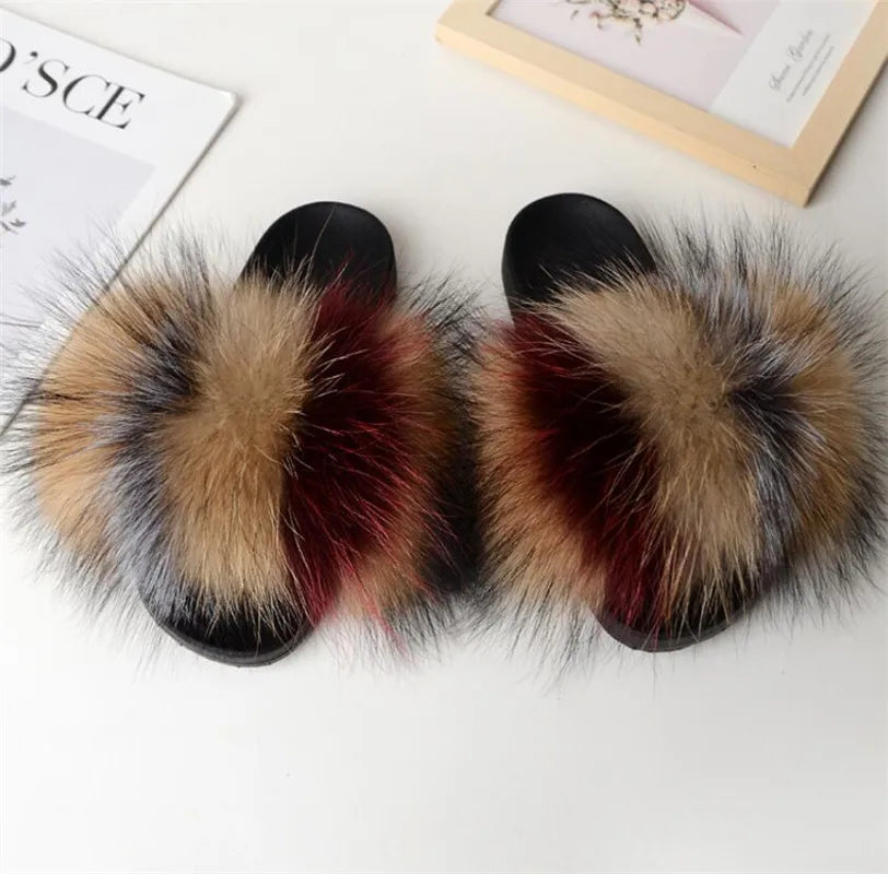 Hot Sale Summer Women Fox Fur Slippers Furry Slippers Designer Fur Slides Girls Black Fur Slides Gorgeous Big Fur Slides Sandal
