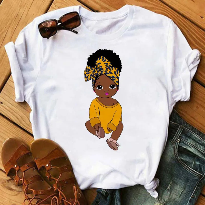 Maycaur Harajuku Black African Curly Hair Girls Tshirt Women Cartoon Graphic Print Tops Female T-shirt Cute Tee Friends T Shirts