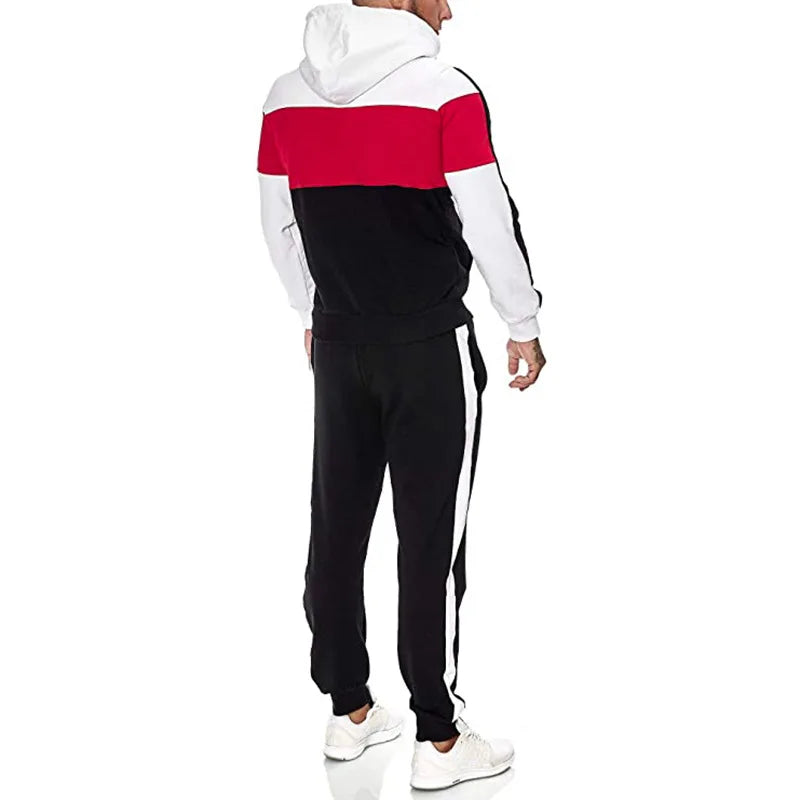 Autumn and Winter New Three-color Stitching Men's Fashion Sets Casual Sweater Plus Velvet Thick Suit Warm Hooded Jacket