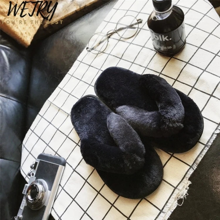 Winter Women Home Slippers with Faux Fur Fashion Warm Shoes Woman Slip on Flats Female Slides Black Pink Plus Size 41