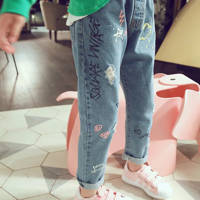 Spring Fashion Kids Jeans Girls Holes Jeans Toddler Baby High Quality Letter Print Elastic Waist Jeans Teen Tight Pencil Pants