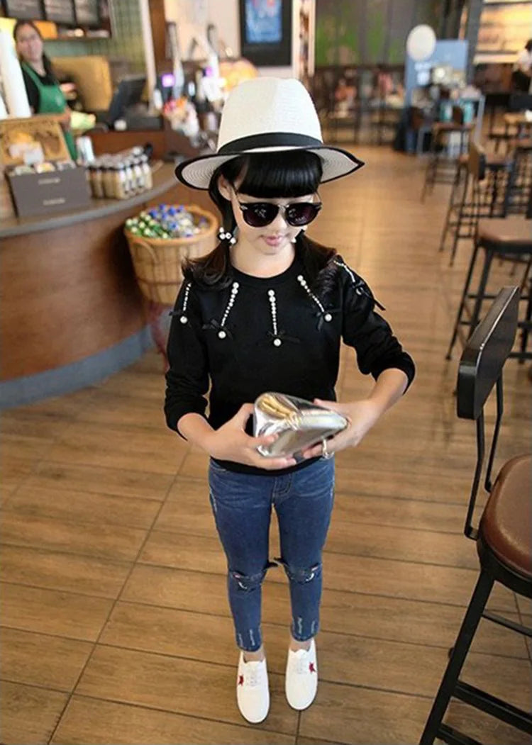 Spring Fashion Kids Jeans Girls Holes Jeans Toddler Baby High Quality Letter Print Elastic Waist Jeans Teen Tight Pencil Pants
