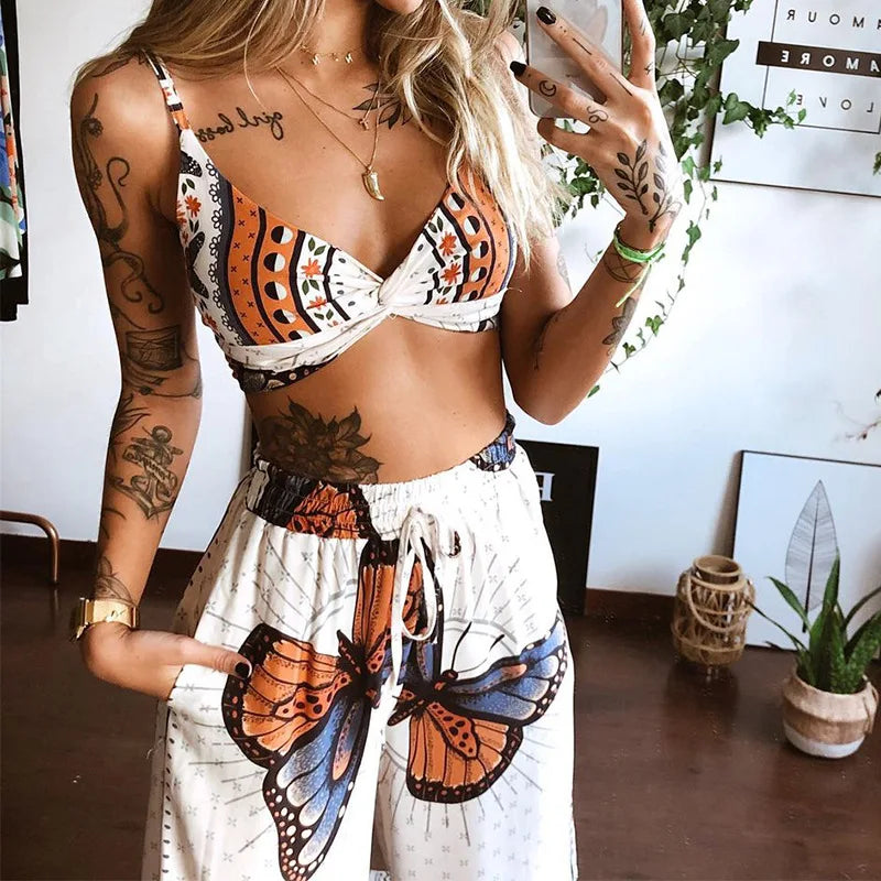 Women's Fashion 2 Pieces Outfits Tracksuit Boho Print Sexy Sleeveless Crop Top Loose Wide Leg Pants Set Female Suit