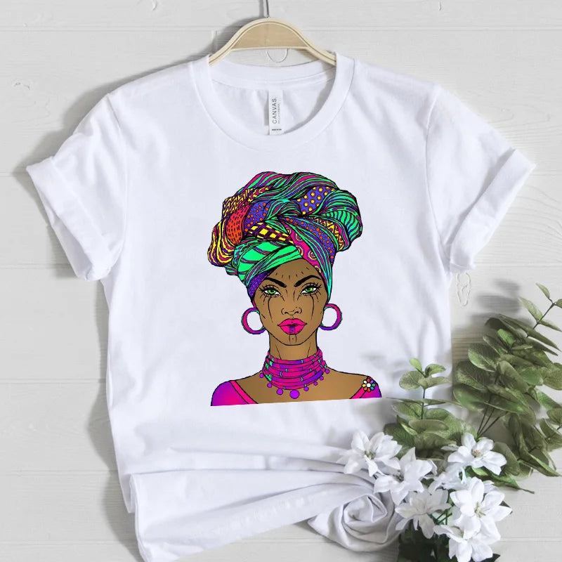 Beautiful Africa Girl Graphic T-Shirt for Women Aesthetic Black Melanin Queen Design Short Sleeve Eye Catching Femme Tops