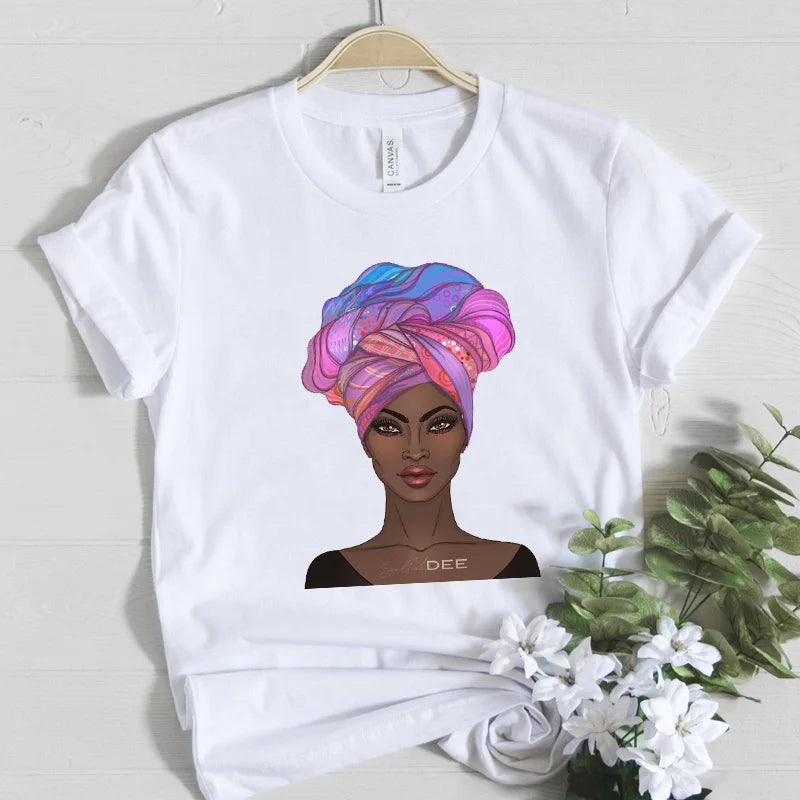 Beautiful Africa Girl Graphic T-Shirt for Women Aesthetic Black Melanin Queen Design Short Sleeve Eye Catching Femme Tops