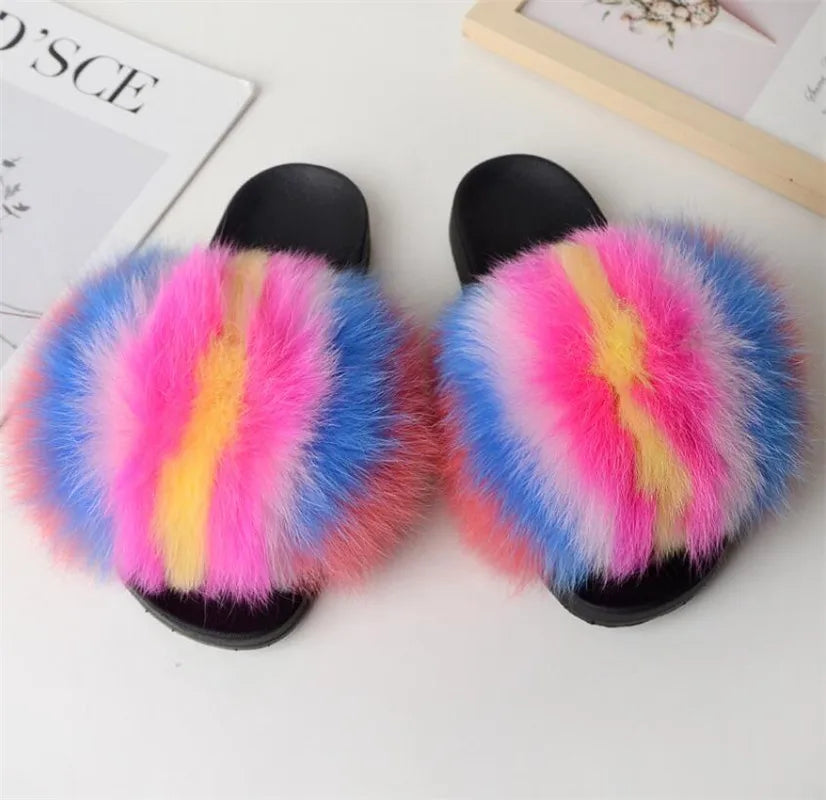 Hot Sale Summer Women Fox Fur Slippers Furry Slippers Designer Fur Slides Girls Black Fur Slides Gorgeous Big Fur Slides Sandal