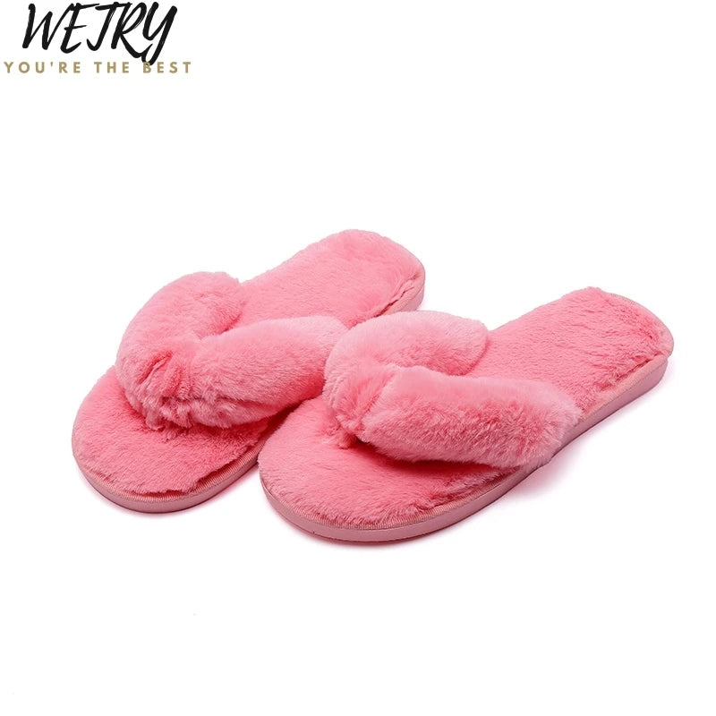 Winter Women Home Slippers with Faux Fur Fashion Warm Shoes Woman Slip on Flats Female Slides Black Pink Plus Size 41