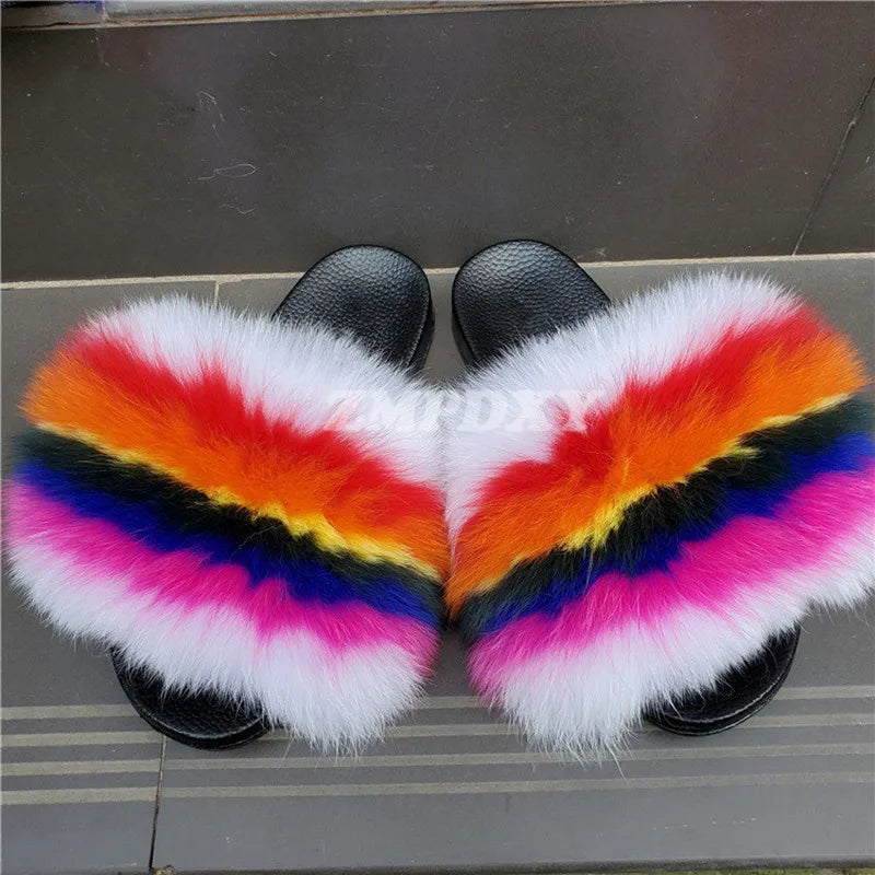 Rainbow Fur Slides Women's Furry Plush Raccoon Fox Fur Slippers Indoor Flat Non-Slip Summer Beach Flip Flops Large Size Sandals