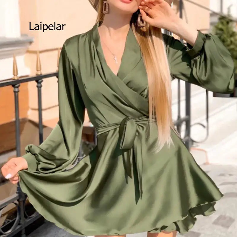 New Autumn Long Sleeve V-Neck Solid Color A-Line Swing Lantern Sleeve Soft Satin Short Dress