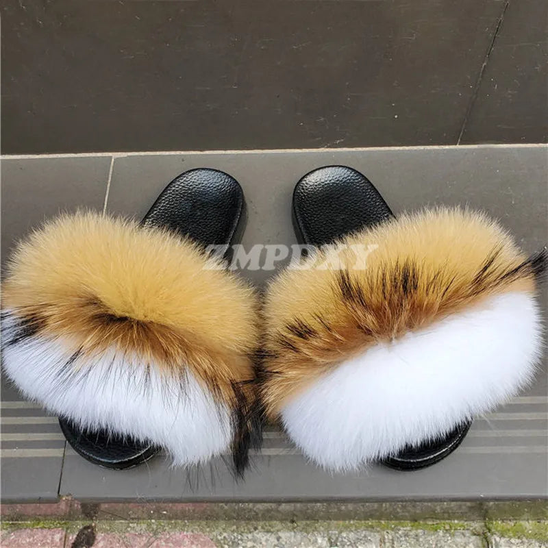 Rainbow Fur Slides Women's Furry Plush Raccoon Fox Fur Slippers Indoor Flat Non-Slip Summer Beach Flip Flops Large Size Sandals