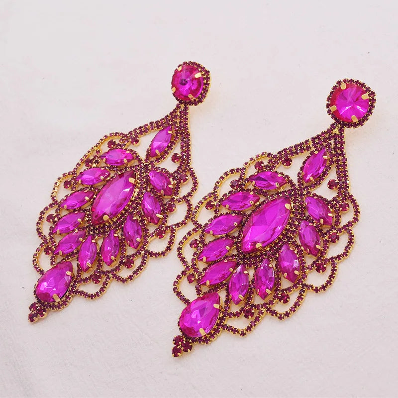 CUIER 4.7" Women Earrings with Rhinestones Glass Gem Exquisite Lace Design Big Drop Earring gift for bridal Wedding Jewelry