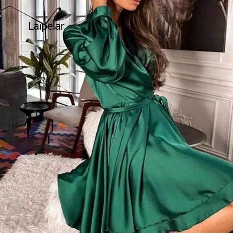 New Autumn Long Sleeve V-Neck Solid Color A-Line Swing Lantern Sleeve Soft Satin Short Dress