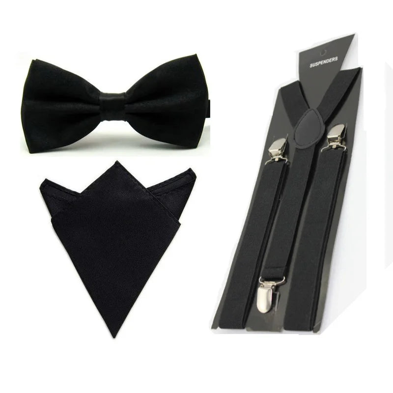 Men Satin Solid Color Bowtie Y-Shape Suspenders Handkerchief Pocket Square Set BWSET0013