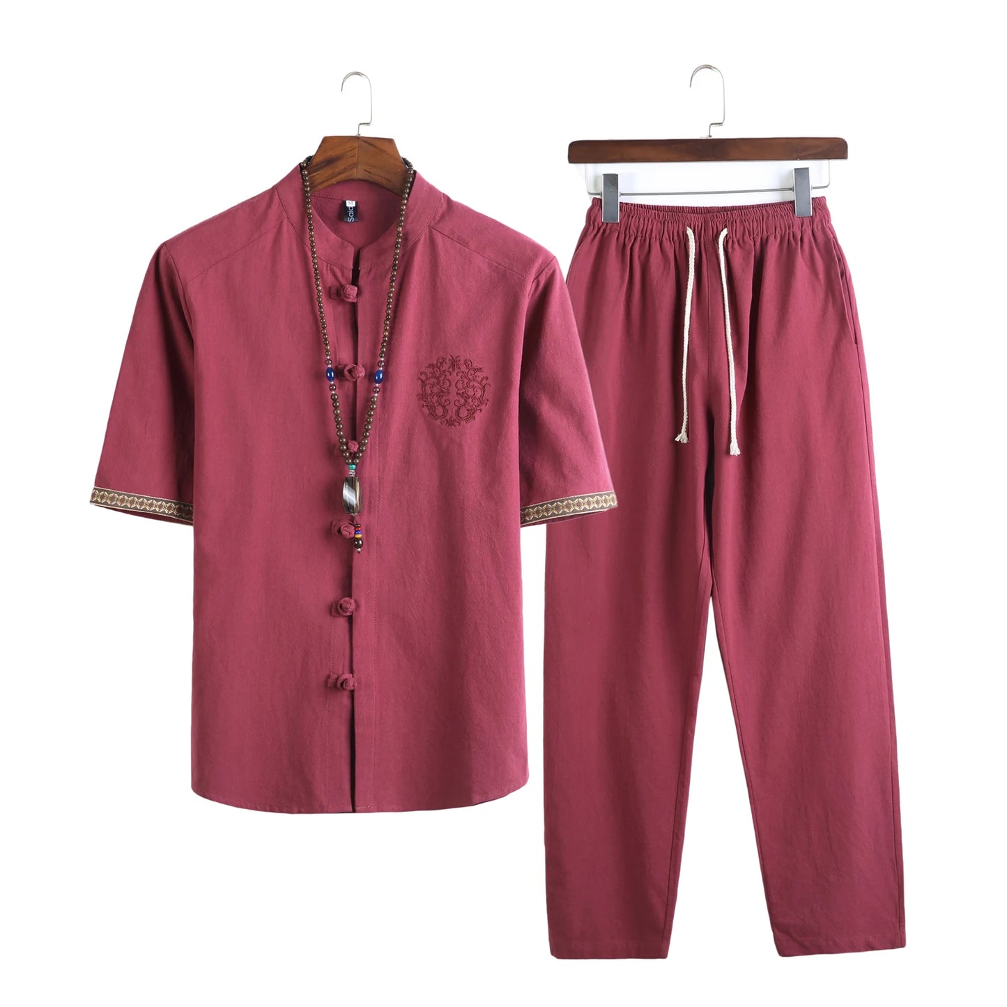 Mens Linen Sets Summer Men Streetwear Jogger Shirts+Long Pants Male Slim Style 2 Pieces Hanfu Tracksuit Tang Suit 5Xl