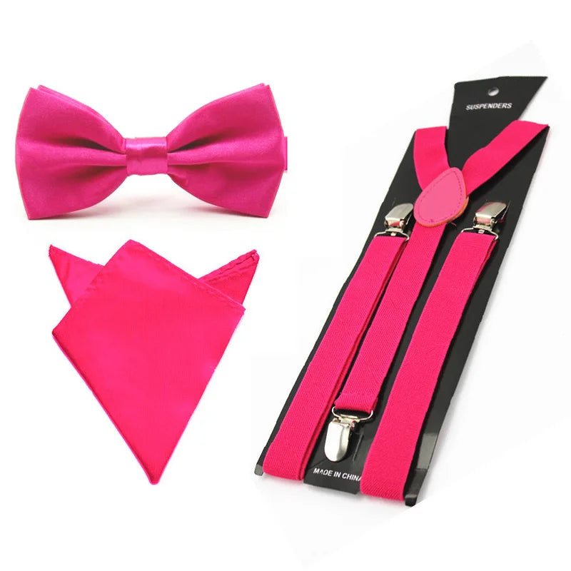Men Satin Solid Color Bowtie Y-Shape Suspenders Handkerchief Pocket Square Set BWSET0013