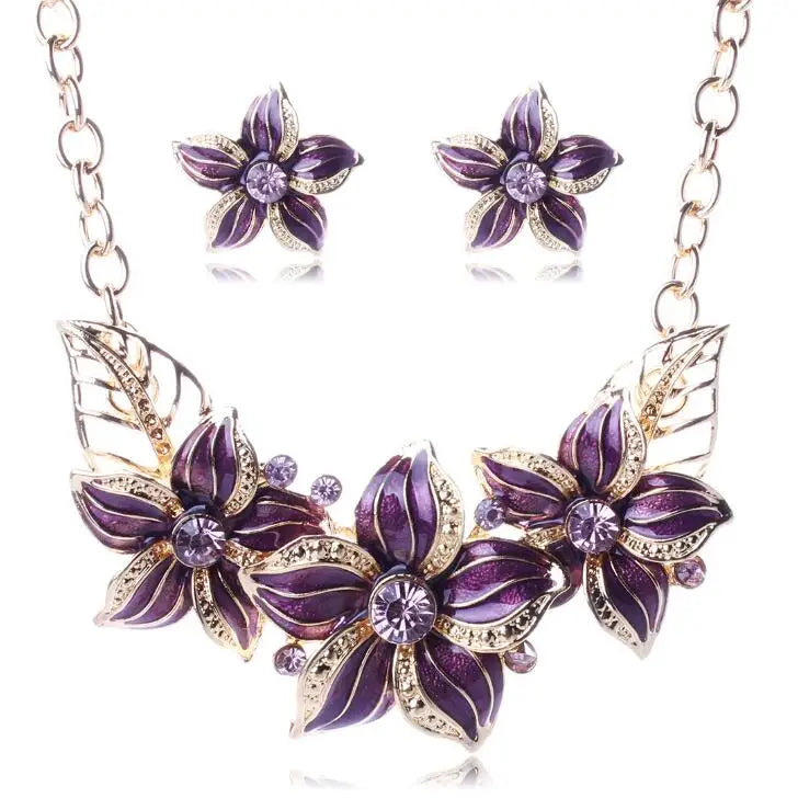 Austrian Crystal Enamel Flower Jewelry Sets Women African Costume Jewelry Maxi Necklace Earring Set XY-N404