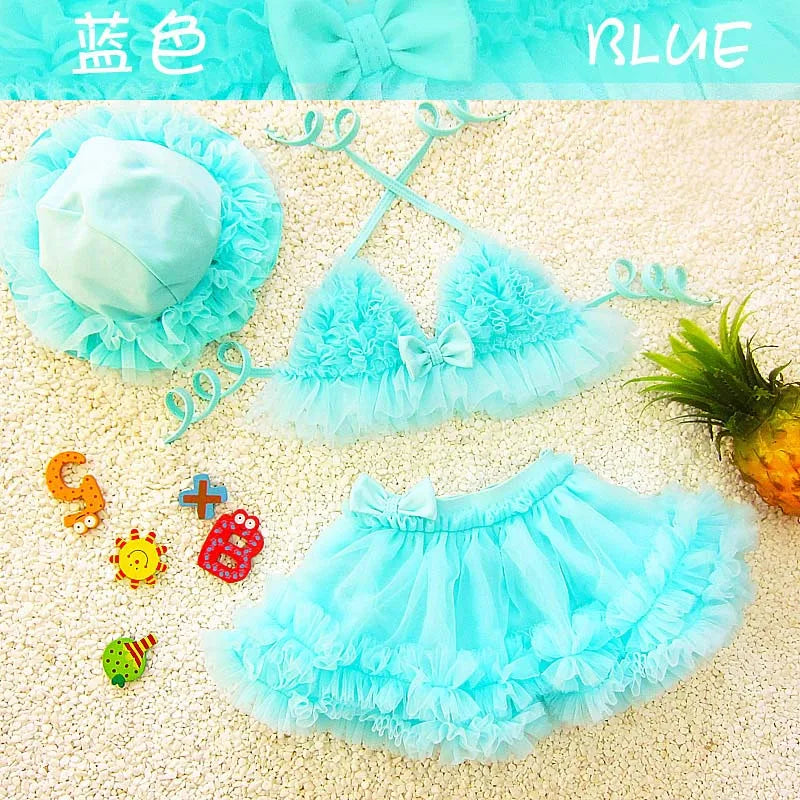 Baby Kids Girls Bikini Princess Three Piece Swimming Suit Split Top + Skirt + Hat Swimwear Summer Beach Children Swimsuit