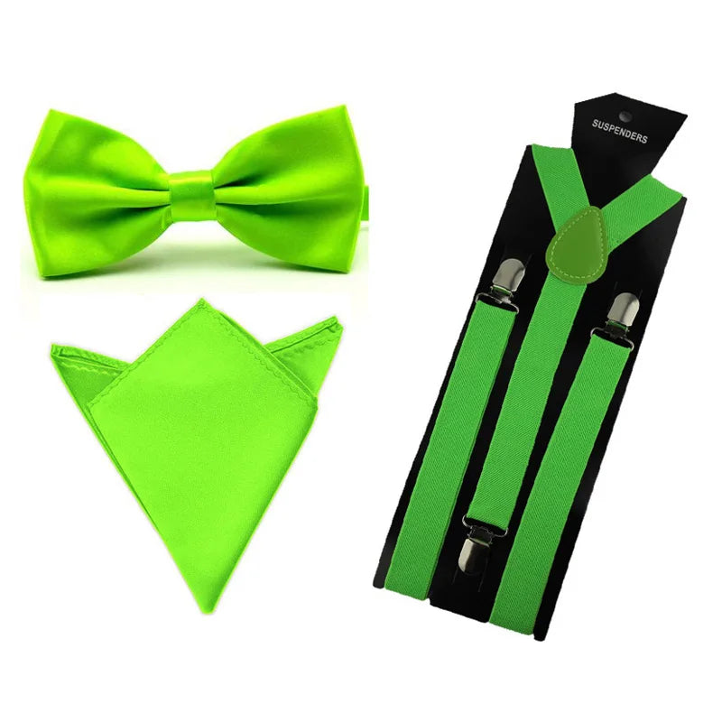 Men Satin Solid Color Bowtie Y-Shape Suspenders Handkerchief Pocket Square Set BWSET0013