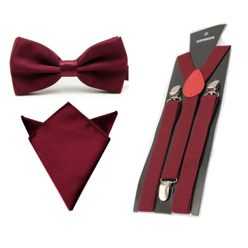 Men Satin Solid Color Bowtie Y-Shape Suspenders Handkerchief Pocket Square Set BWSET0013