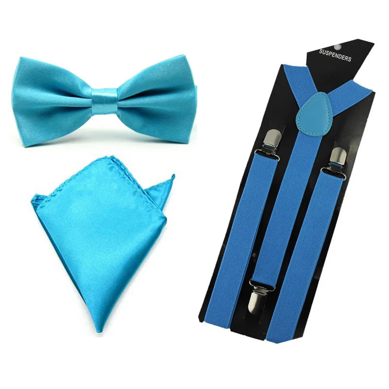 Men Satin Solid Color Bowtie Y-Shape Suspenders Handkerchief Pocket Square Set BWSET0013