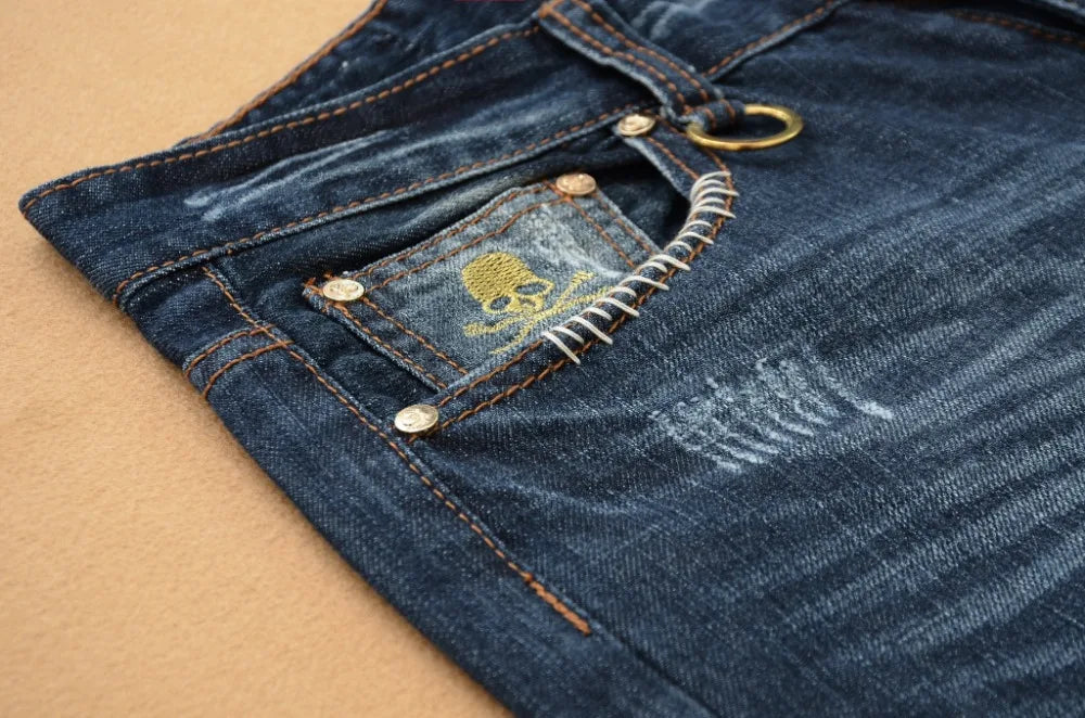 New tearing denim men ripped jeans hip hop skull head straight slim balmai jeans men denim pants male trousers size 28-38