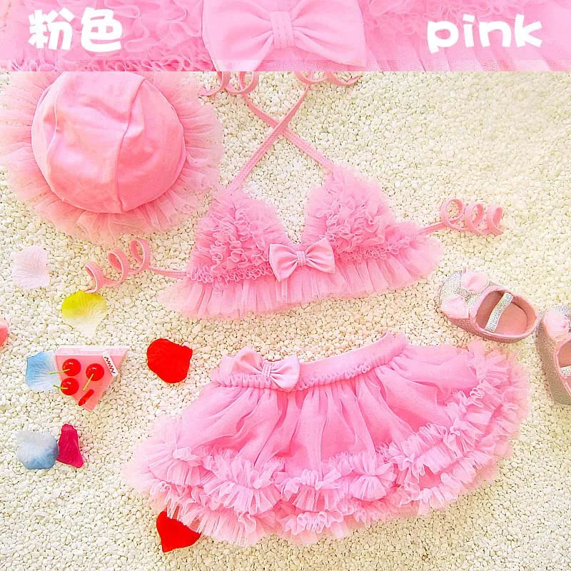 Baby Kids Girls Bikini Princess Three Piece Swimming Suit Split Top + Skirt + Hat Swimwear Summer Beach Children Swimsuit