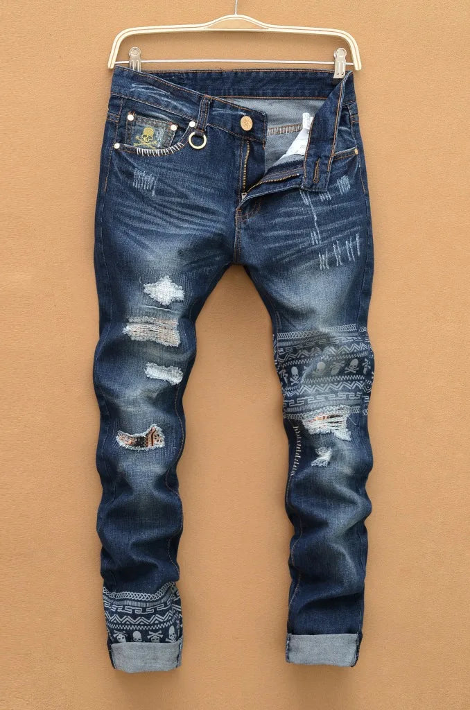 New tearing denim men ripped jeans hip hop skull head straight slim balmai jeans men denim pants male trousers size 28-38