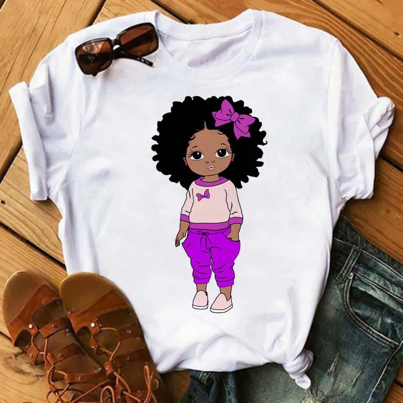 Maycaur Harajuku Black African Curly Hair Girls Tshirt Women Cartoon Graphic Print Tops Female T-shirt Cute Tee Friends T Shirts