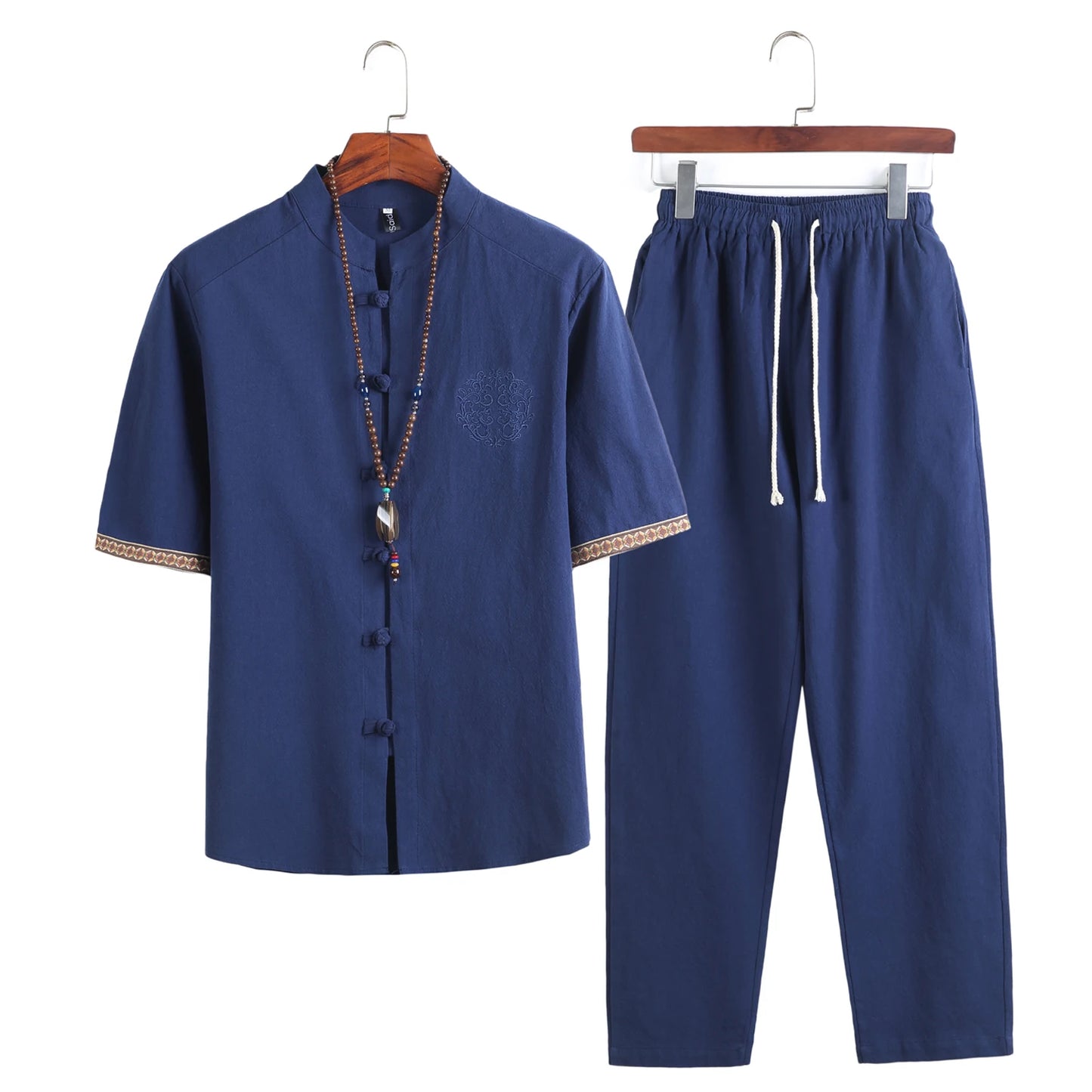 Mens Linen Sets Summer Men Streetwear Jogger Shirts+Long Pants Male Slim Style 2 Pieces Hanfu Tracksuit Tang Suit 5Xl