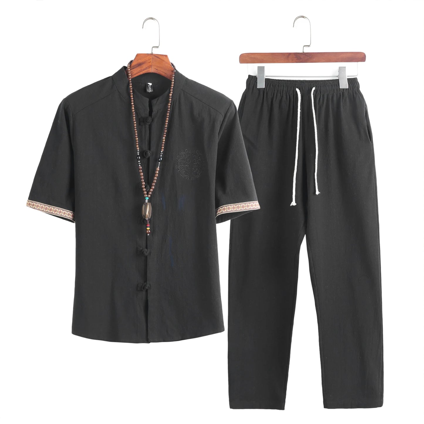 Mens Linen Sets Summer Men Streetwear Jogger Shirts+Long Pants Male Slim Style 2 Pieces Hanfu Tracksuit Tang Suit 5Xl