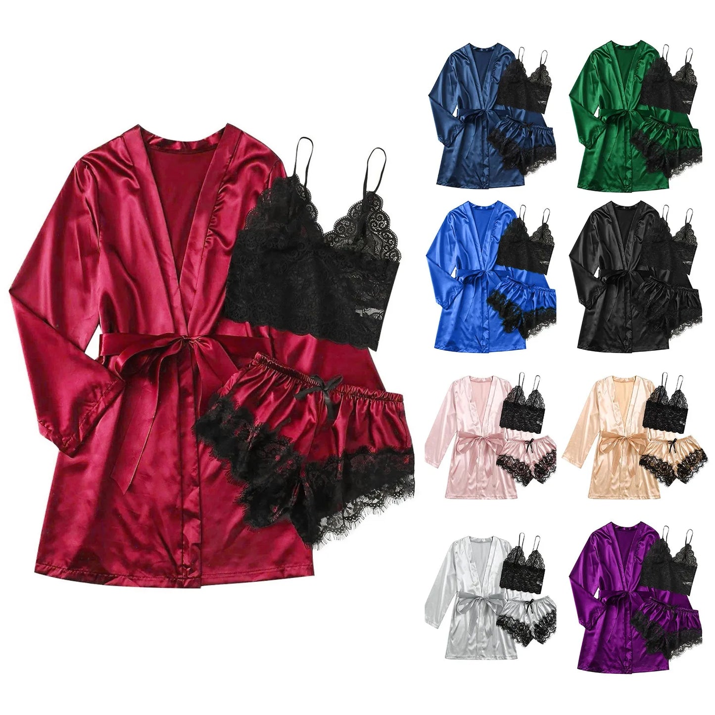 3 Pieces Summer Women Pajamas Sets Satin Silk Sleepwear With Shorts Robes Nightgown Female Lace Nightwear Suit Pajamas
