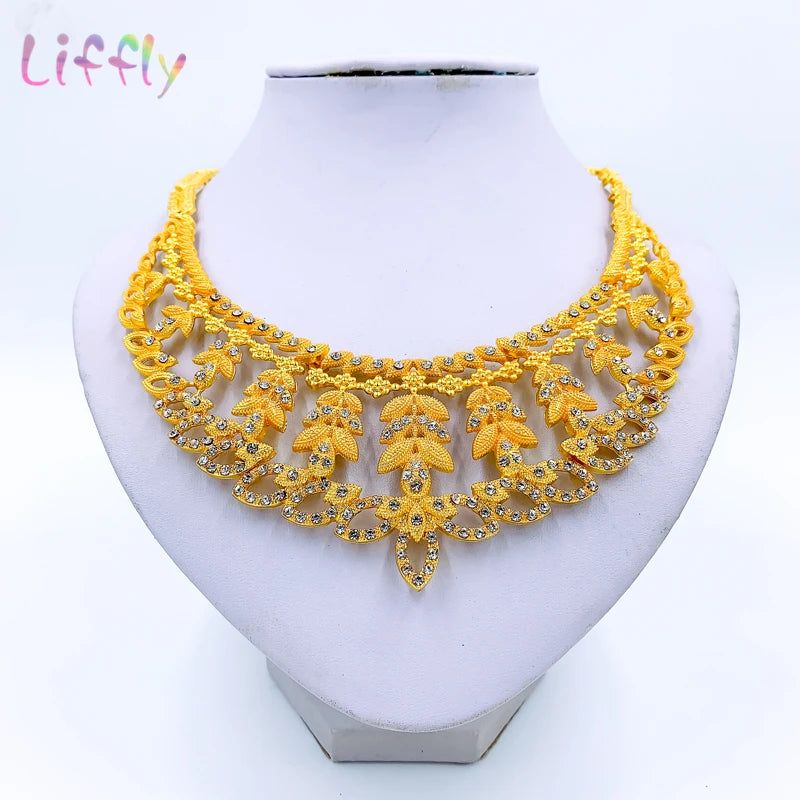 Liffly New Fashion Dubai Gold Color Bridal Jewelry Sets for Women Necklace Earrings Ring Wedding Party African Jewelry Gift