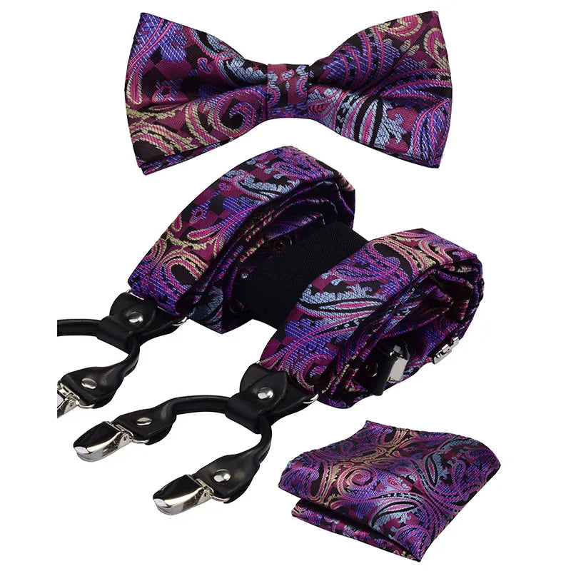 Adjustable Adult Suspender Straps Y Shape Clip-on Bowtie Pocket Square Set Men's Suspenders 6 Clip Pants Braces Suit Business