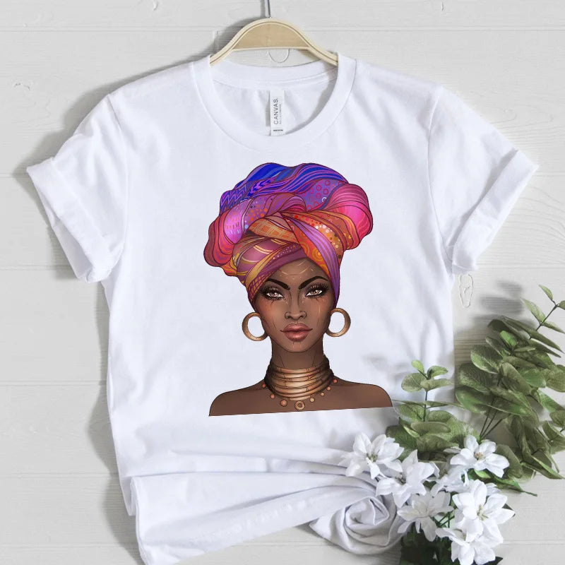 Beautiful Africa Girl Graphic T-Shirt for Women Aesthetic Black Melanin Queen Design Short Sleeve Eye Catching Femme Tops