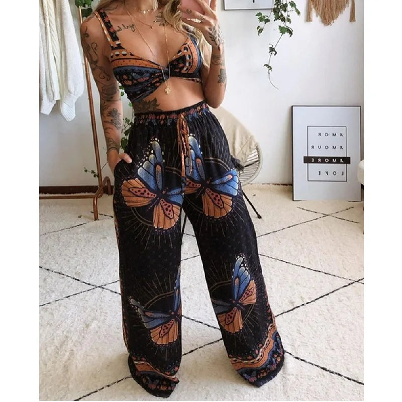Women's Fashion 2 Pieces Outfits Tracksuit Boho Print Sexy Sleeveless Crop Top Loose Wide Leg Pants Set Female Suit